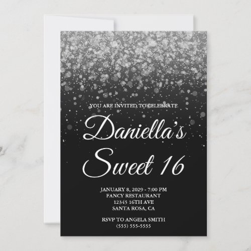 Black and Silver Bokeh Confetti Sweet 16 Invitation