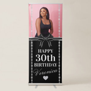 Black and Silver Bows and Diamonds Birthday  Retractable Banner