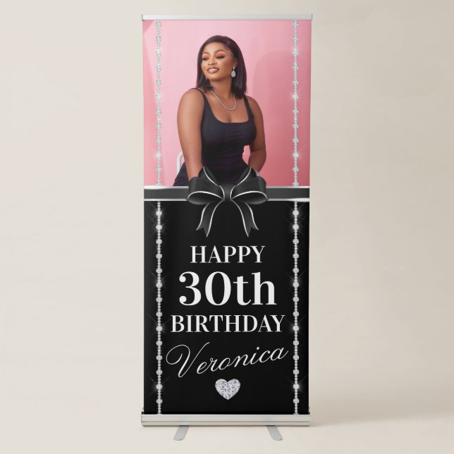 Black and Silver Bows and Diamonds Birthday  Retractable Banner (Front)