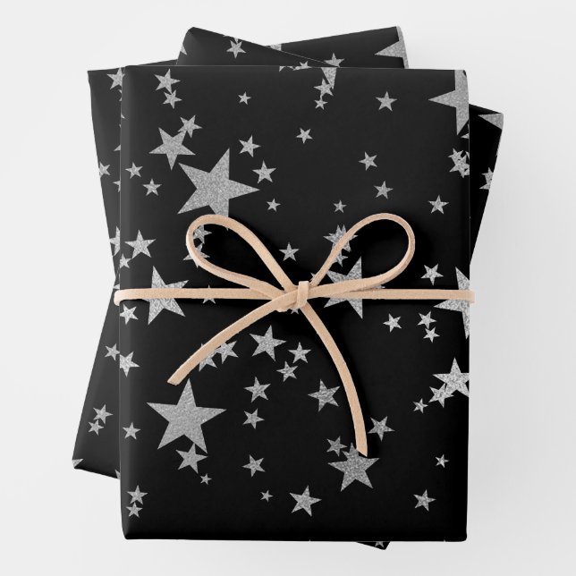 Black and Silver Celestial Star Wrapping Paper  (In situ)
