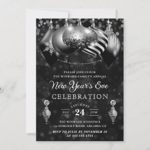 Black and Silver Christmas Baubles New Year's Eve Invitation