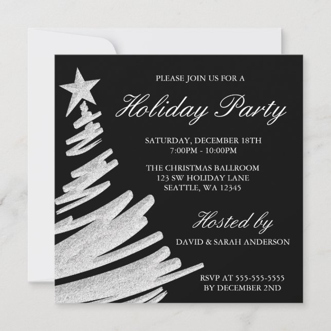 Black and Silver Christmas Tree Holiday Party Invitation (Front)
