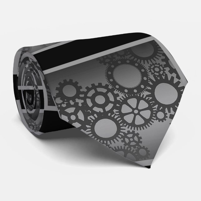 Black and Silver Clock Gears Steampunk Tie (Rolled)