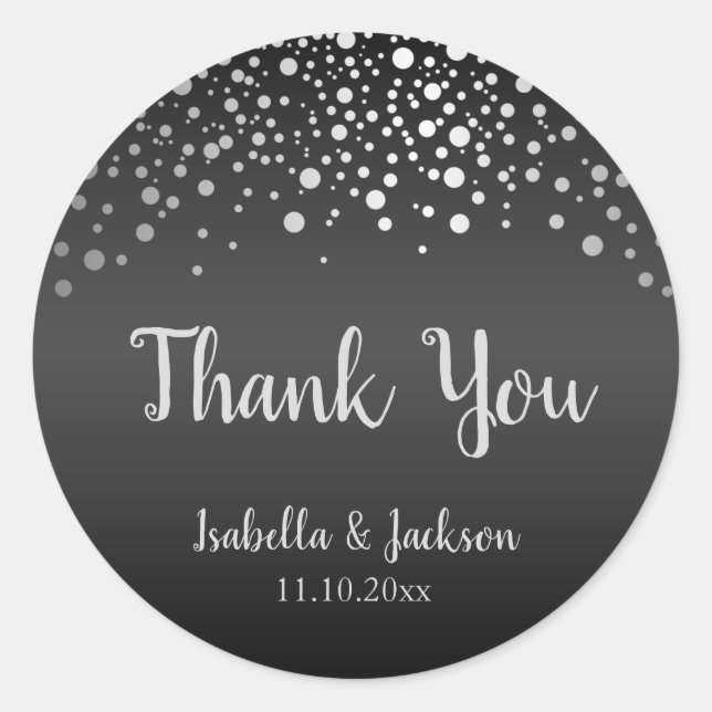 Black and Silver Confetti Dots Classic Round Sticker (Front)