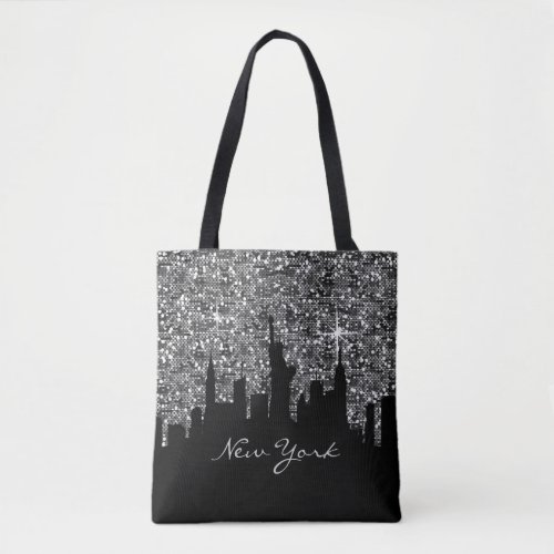Black and Silver Confetti Glitter New York Skyline Tote Bag
