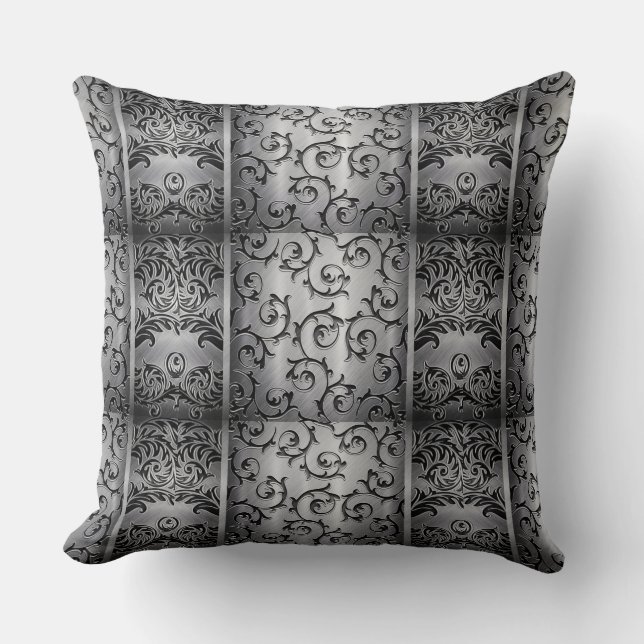Black and Silver Curls Tiled Pattern Throw Pillow (Front)