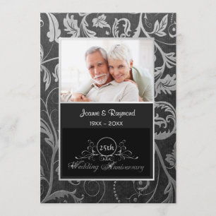 Black and Silver Damask 25th Wedding Anniversary Invitation