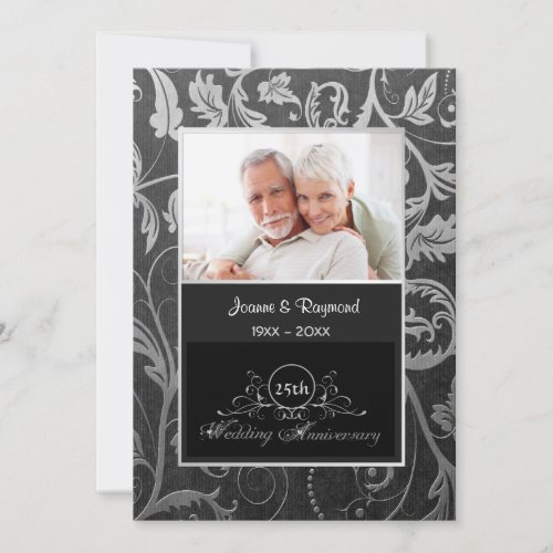 Black and Silver Damask 25th Wedding Anniversary Custom Invitations