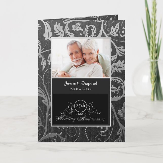 Black and Silver Damask 25th Wedding Anniversary Invitation (Front)