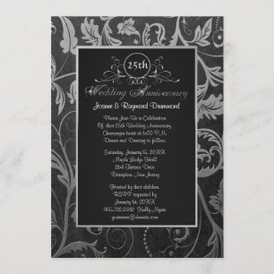 Black and Silver Damask 25th Wedding Anniversary Invitation