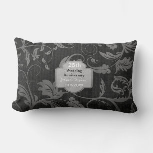 Black and Silver Damask 25th Wedding Anniversary Lumbar Pillow