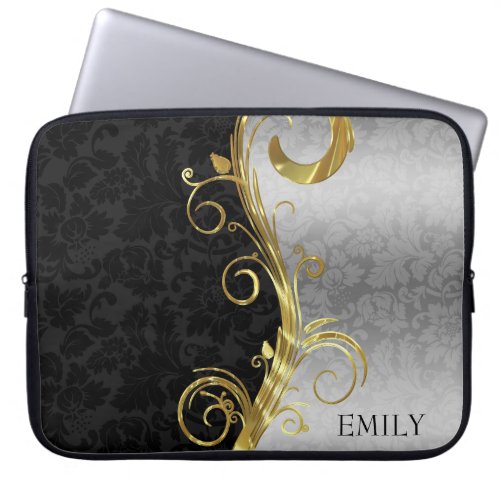 Black And Silver Damask And Swirls Laptop Sleeve