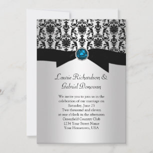 Black and Silver Damask Blue Jewel Wedding Invit Invitation