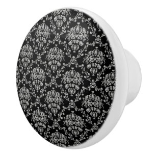 Black and Silver Damask Ceramic Knob