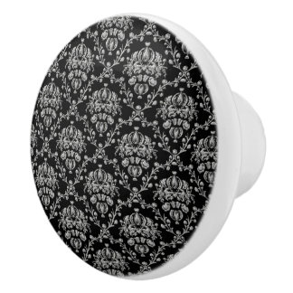 Black and Silver Damask Ceramic Knob
