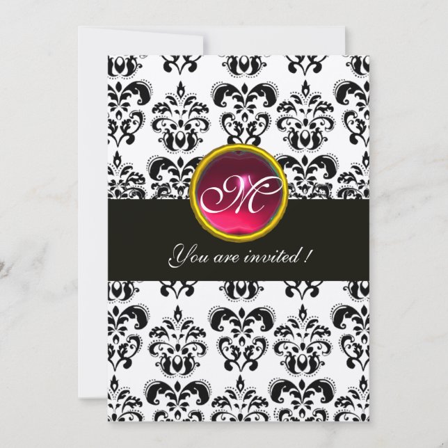BLACK AND SILVER DAMASK MONOGRAM,red ruby white Invitation (Front)