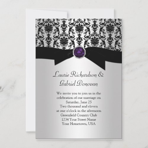 Black and Silver Damask Purple Jewel Wedding Invit Personalized Invitations