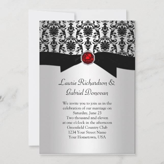 Black and Silver Damask Red Jewel Wedding Invite (Front)