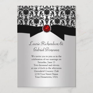 Black and Silver Damask Red Jewel Wedding Invite