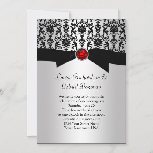 Black and Silver Damask Red Jewel Wedding Invite