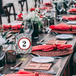 Black and Silver Damask Red Trim Table Number