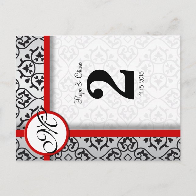 Black and Silver Damask Red Trim Table Number (Front)