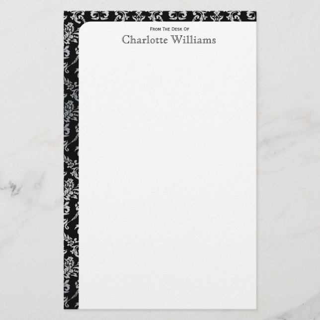 Black and Silver Damask Stationery (Front)