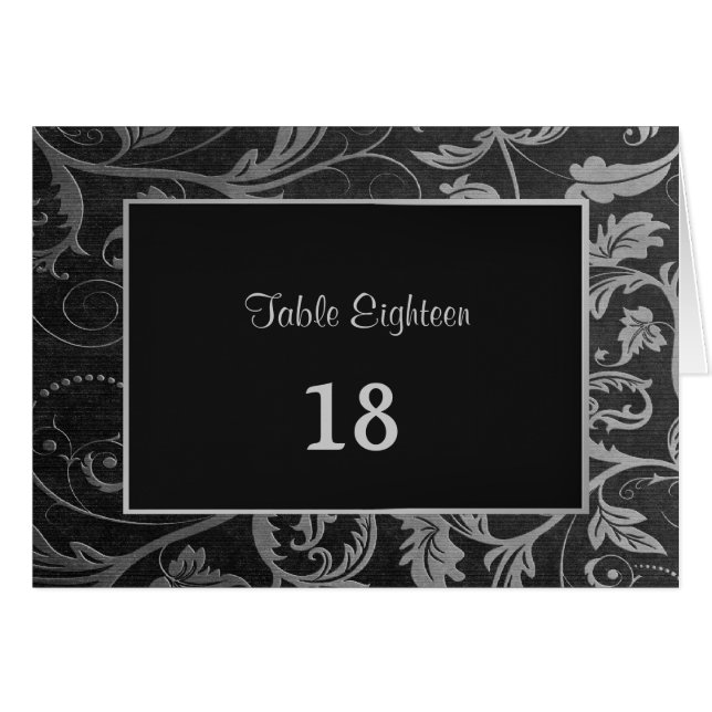 Black and Silver Damask Table Seating Number Cards (Front Horizontal)