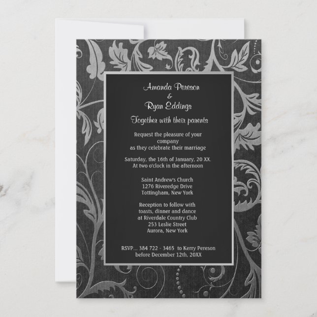 Black and Silver Damask Wedding Invitation (Front)