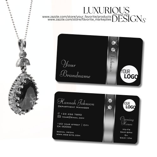 Black and Silver Decorative Border Jewels and Logo Business Card