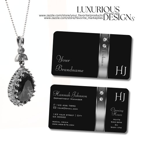 Black and Silver Decorative Border Jewels Initials Business Card