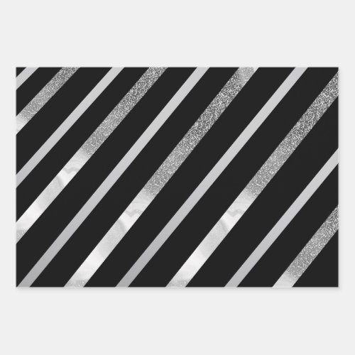Black And Silver Diagonal Stripes Pattern  Wrapping Paper Sheets
