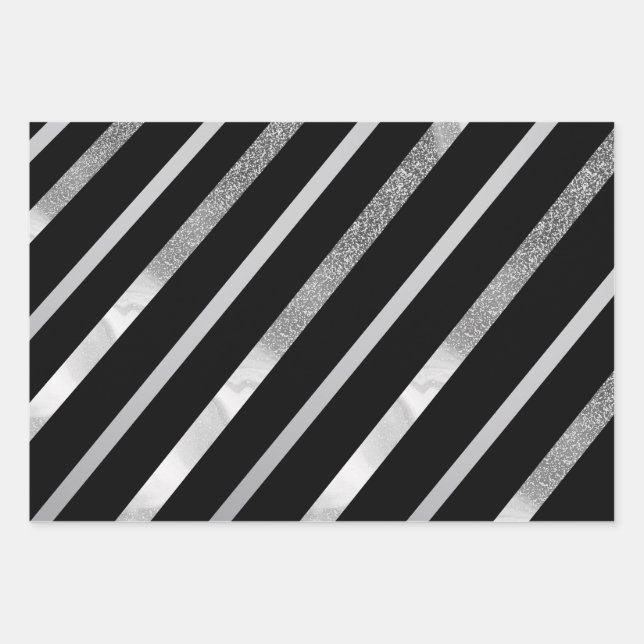Black And Silver Diagonal Stripes Pattern  Wrapping Paper Sheets (Front)