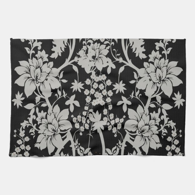Black and silver dust floral pattern kitchen towel (Horizontal)