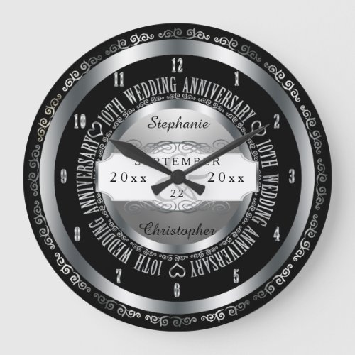 Black and Silver Elegant 10th Wedding Anniversary Large Clock