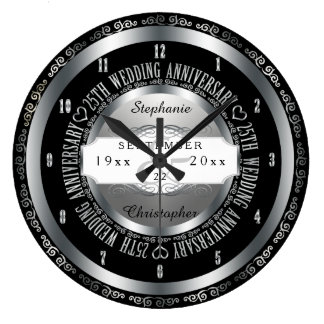 Black and Silver Elegant 25th Wedding Anniversary Large Clock