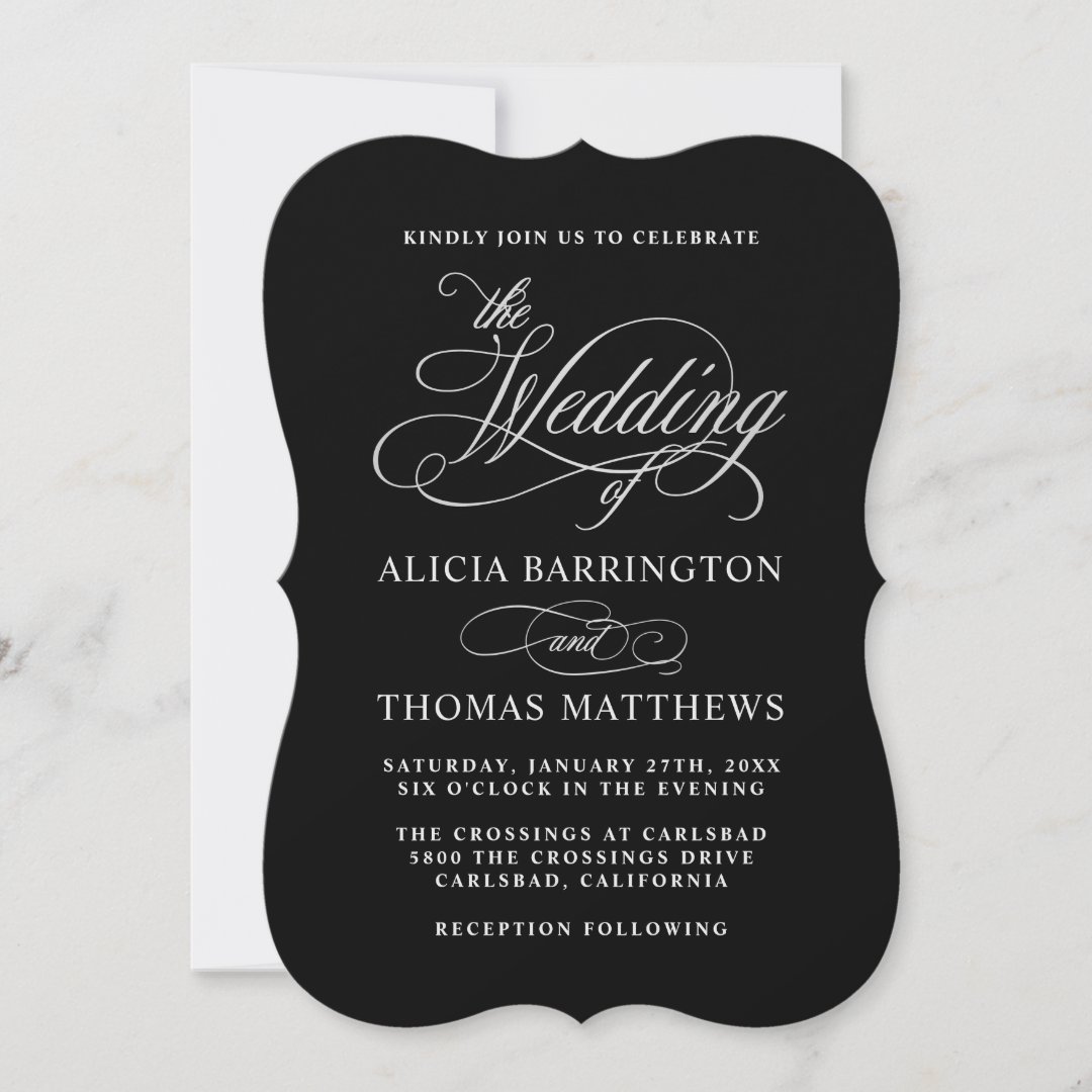 Black and Silver Elegant Calligraphy Wedding Invitation | Zazzle