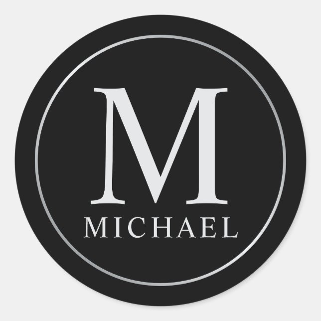 Black and Silver Elegant Monogram Classic Round Sticker (Front)