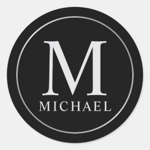Black and Silver Elegant Monogram Classic Round Sticker