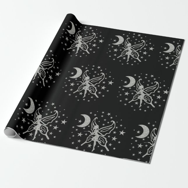 Black and Silver Fairy Wrapping Paper (Unrolled)