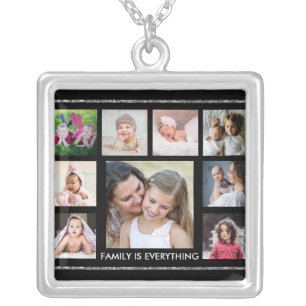 Black And Silver Family Quote 9 Photo Collage Silver Plated Necklace