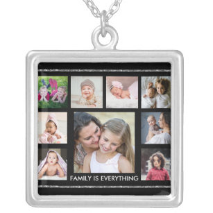 Black And Silver Family Quote 9 Photo Collage  Silver Plated Necklace
