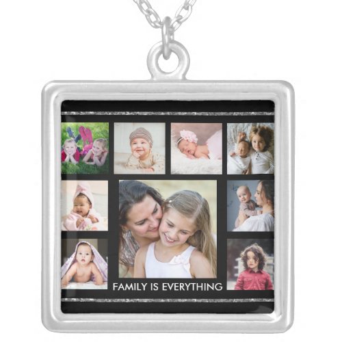 Black And Silver Family Quote 9 Photo Collage  Silver Plated Necklace