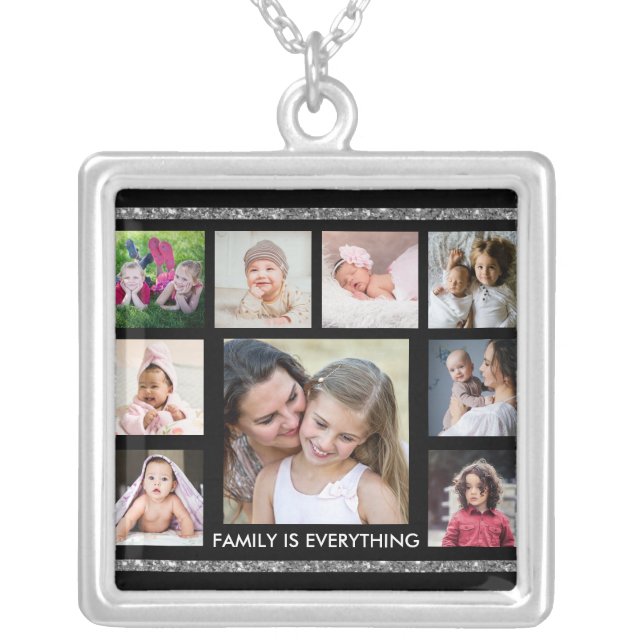 Black And Silver Family Quote 9 Photo Collage  Silver Plated Necklace (Front)