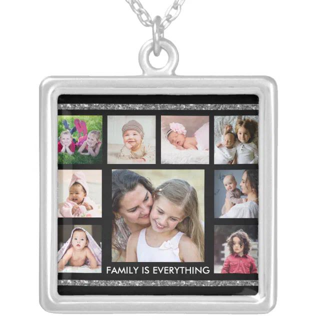 Black And Silver Family Quote 9 Photo Collage Silver Plated Necklace ...