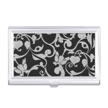 Black And Silver Faux Glitter Pattern Floral Case For Business Cards by ProfessionalDevelopm at Zazzle