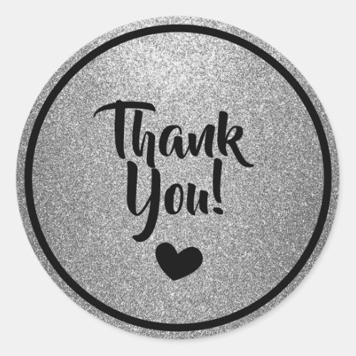 Black and Silver Faux Glitter Thank You Classic Round Sticker