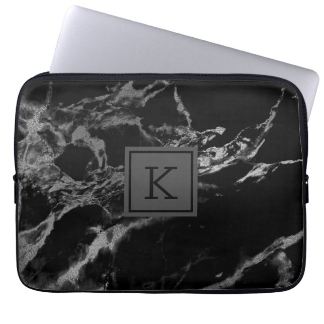 Black and silver faux marble laptop sleeve (Front)