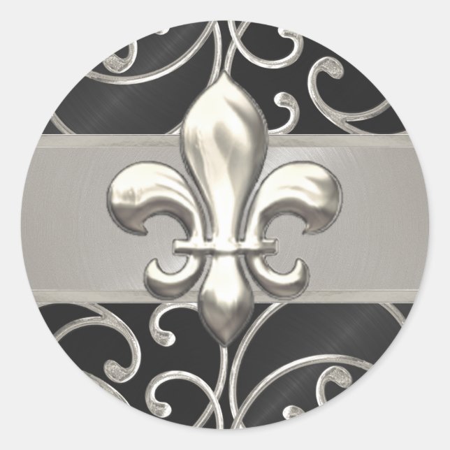 Black and Silver Filigree Swirls Fleur de Lis Classic Round Sticker (Front)