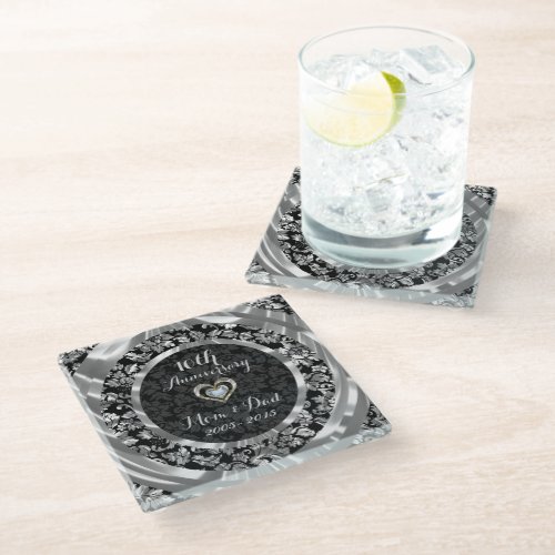 Black And Silver Floral Damask10th Anniversary Glass Coaster